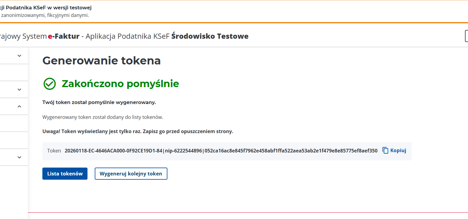 Wygenerowany token